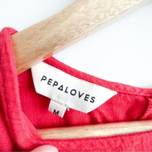 Pepaloves Dress Red Shift Short Sleeves Ramie Cotton Women's M - Picture 3 of 6